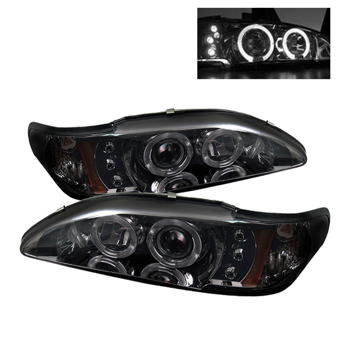 Ford Mustang 94-98 1PC Projector Headlights - LED Halo - Amber Reflector - LED ( Replaceable LEDs ) - Smoke - High 9005 (Included) - Low H3 (Included)