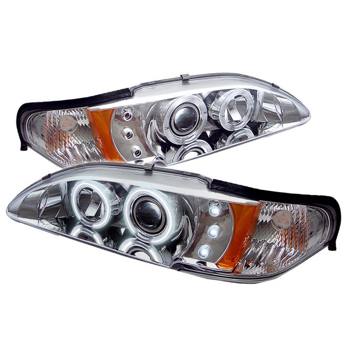 Ford Mustang 94-98 1PC Projector Headlights - CCFL Halo - Amber Reflector - LED ( Replaceable LEDs ) - Chrome - High 9005 (Included) - Low H3 (Included)