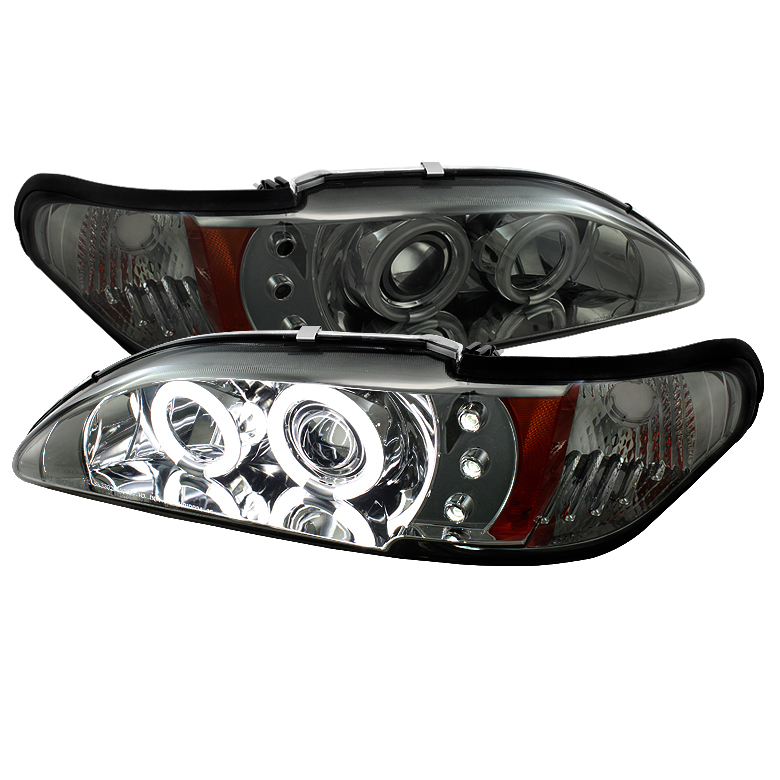 Ford Mustang 94-98 1PC Projector Headlights - CCFL Halo - Amber Reflector - LED ( Replaceable LEDs ) - Smoke - High 9005 (Included) - Low H3 (Included)