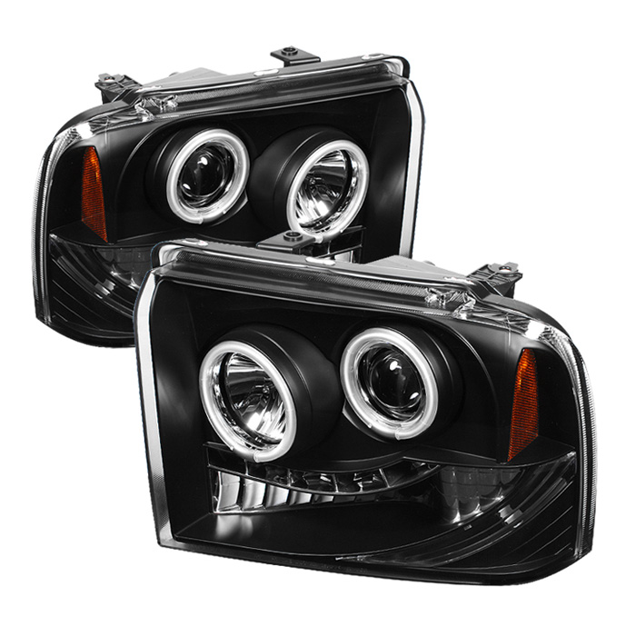 Ford F250/350/450 Super Duty 05-07 Projector Headlights - CCFL Halo- LED ( Replaceable LEDs ) - Black - High H1 (Included) - Low H1 (Included)