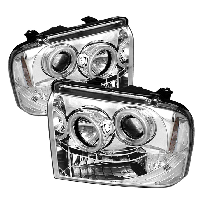 Ford F250/350/450 Super Duty 05-07 Projector Headlights - CCFL Halo- LED ( Replaceable LEDs ) - Chrome - High H1 (Included) - Low H1 (Included)