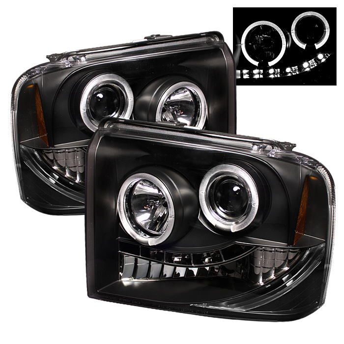 Ford F250/350/450 Super Duty 05-07 Projector Headlights - LED Halo- LED ( Replaceable LEDs ) - Black - High H1 (Included) - Low H1 (Included)