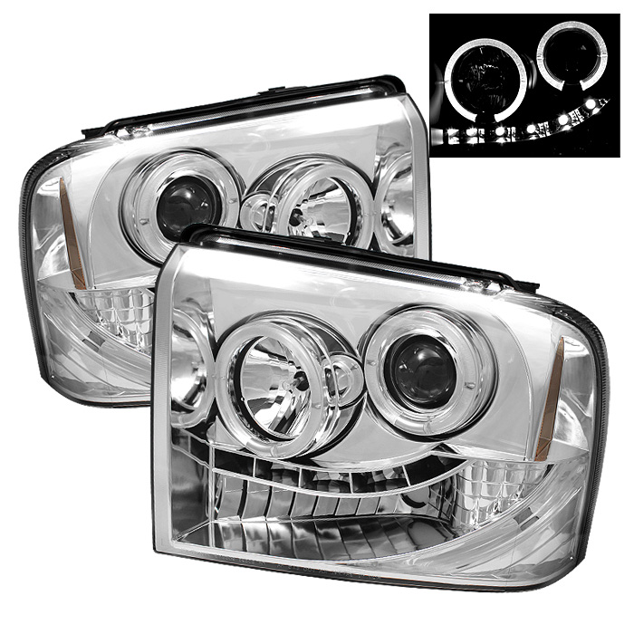 Ford F250/350/450 Super Duty 05-07 Projector Headlights - LED Halo- LED ( Replaceable LEDs ) - Chrome - High H1 (Included) - Low H1 (Included)