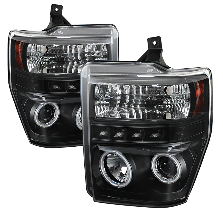 Ford F250/350/450 Super Duty 08-10 Projector Headlights - CCFL Halo - LED ( Replaceable LEDs ) - Black - High H1 (Included) - Low H1 (Included)