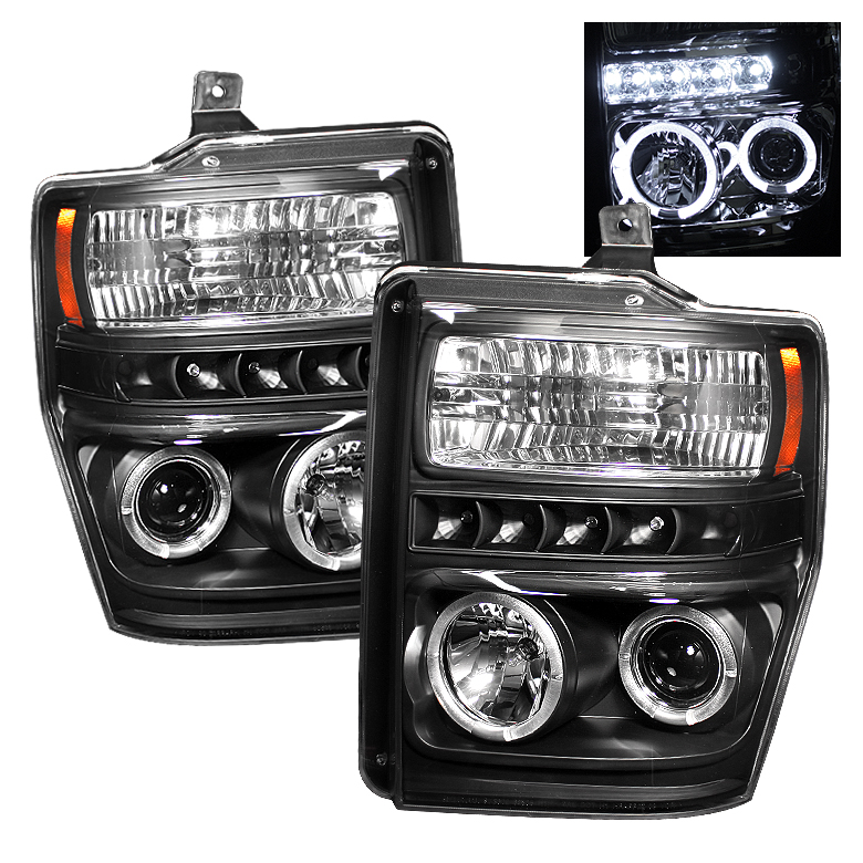 Ford F250/350/450 Super Duty 08-10 Projector Headlights - LED Halo - LED ( Replaceable LEDs ) - Black - High H1 (Included) - Low H1 (Included)