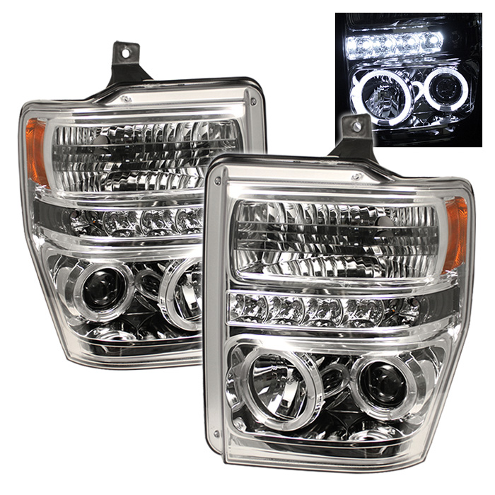 Ford F250/350/450 Super Duty 08-10 Projector Headlights - LED Halo - LED ( Replaceable LEDs ) - Chrome - High H1 (Included) - Low H1 (Included)