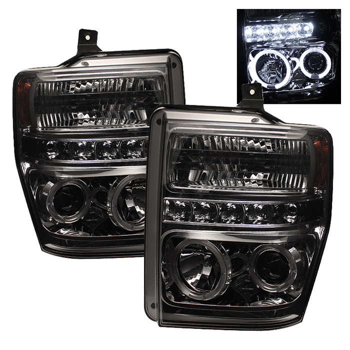 Ford F250/350/450 Super Duty 08-10 Projector Headlights - LED Halo - LED ( Replaceable LEDs ) - Smoke - High H1 (Included) - Low H1 (Included)