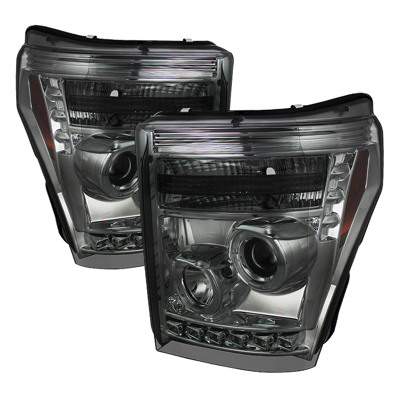 Ford Super Duty 11-15 Projector Headlights - LED Halo - DRL - Smoke - High H1 (Included) - Low 9006 (included)