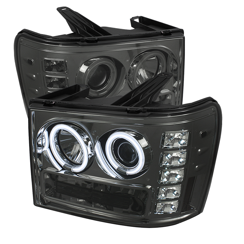 GMC Sierra 1500/2500/3500 07-13 / GMC Sierra Denali 08-13 / GMC Sierra 2500HD/3500HD 07-13 Projector Headlights - CCFL Halo- LED ( Replaceable LEDs ) - Smoke - High H1 (Included) - Low H1 (Included)