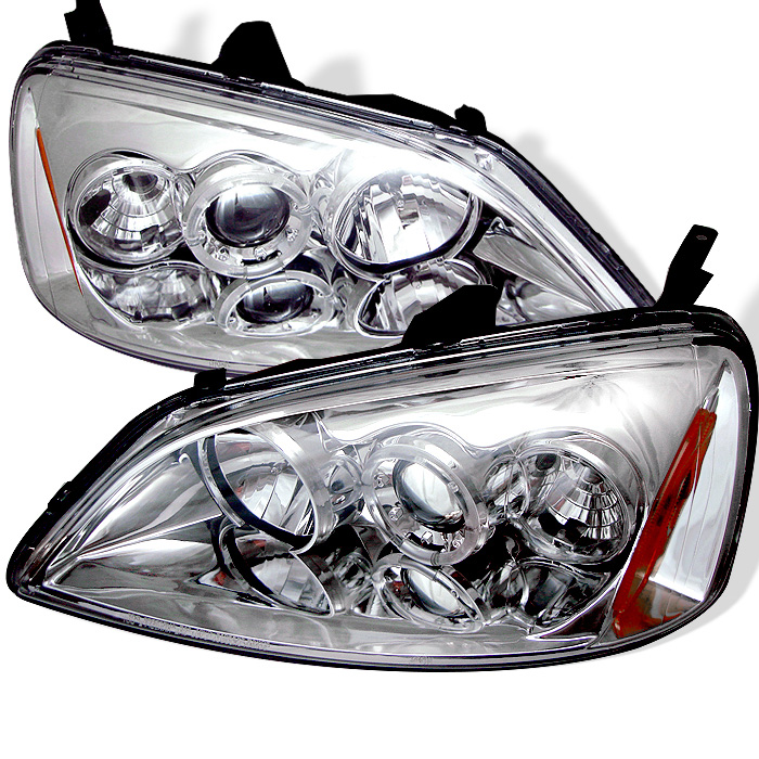 Honda Civic 01-03 2/4DR Projector Headlights - ( Do Not Fit SI Model ) - LED Halo - Amber Reflector - Chrome - High H1 (Included) - Low H1 (Included)