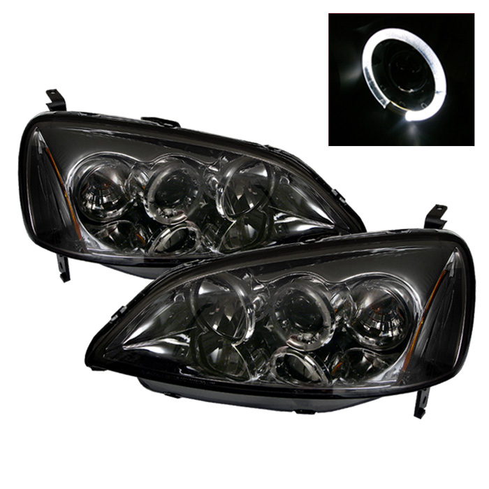 Honda Civic 01-03 2/4DR Projector Headlights - ( Do Not Fit SI Model ) - LED Halo - Amber Reflector - Smoke - High H1 (Included) - Low H1 (Included)