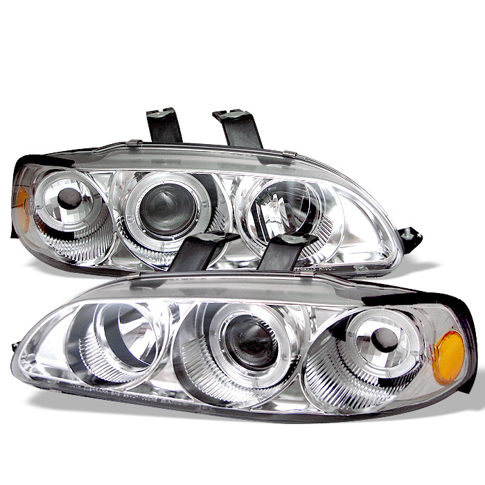 Honda Civic 92-95 2/3DR 1PC Projector Headlights - LED Halo - Amber Reflector - Chrome - High H1 (Included) - Low H1 (Included)