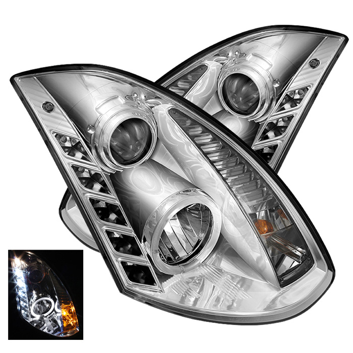 Infiniti G35 03-07 2DR Projector Headlights - Halogen Model Only ( Not Compatible With Xenon/HID Model ) - LED Halo - DRL - Chrome - High H4 (Included) - Low H7 (Included)