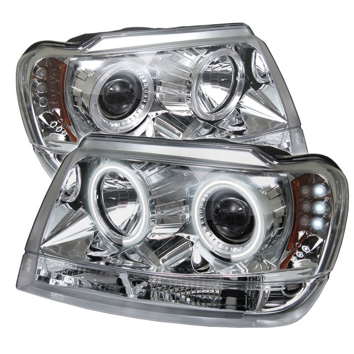 Jeep Grand Cherokee 99-04 Projector Headlights - CCFL Halo - LED ( Replaceable LEDs ) - Chrome - High 9005 (Not Included) - Low 9006 (Not Included)