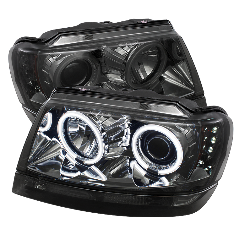 Jeep Grand Cherokee 99-04 Projector Headlights - CCFL Halo - LED ( Replaceable LEDs ) - Smoke - High 9005 (Not Included) - Low 9006 (Not Included)