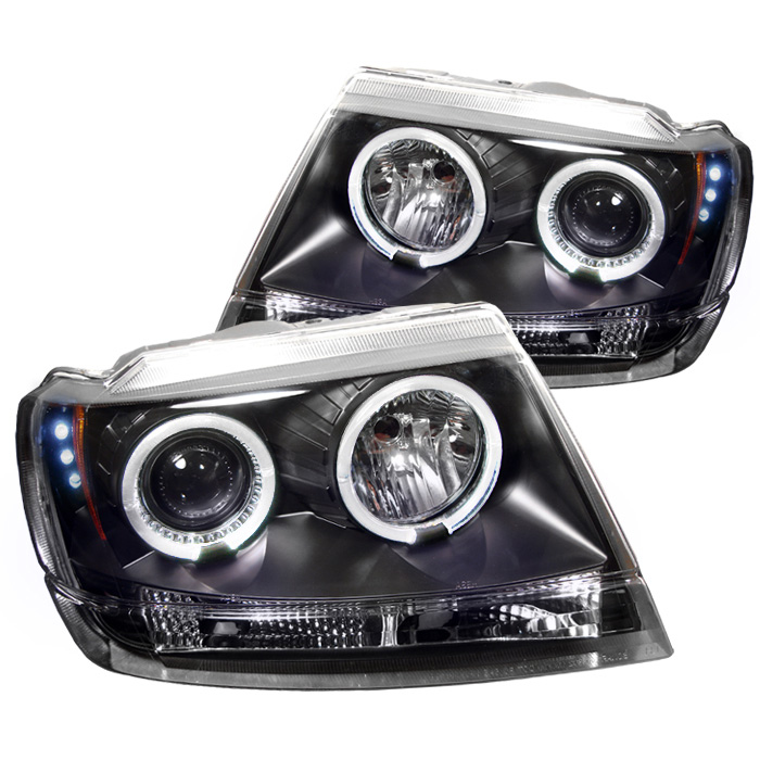 Jeep Grand Cherokee 99-04 Projector Headlights - LED Halo - LED ( Replaceable LEDs ) - Black - High 9005 (Not Included) - Low 9006 (Not Included)