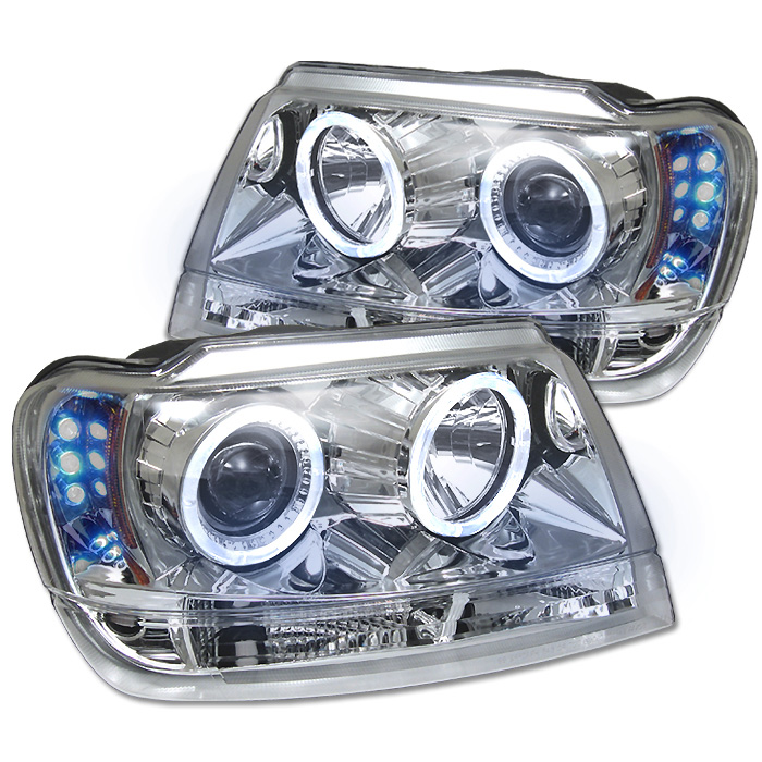 Jeep Grand Cherokee 99-04 Projector Headlights - LED Halo - LED ( Replaceable LEDs ) - Chrome - High 9005 (Not Included) - Low 9006 (Not Included)