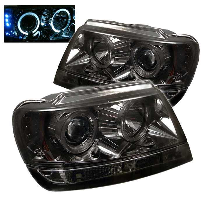 Jeep Grand Cherokee 99-04 Projector Headlights - LED Halo - LED ( Replaceable LEDs ) - Smoke - High 9005 (Not Included) - Low 9006 (Not Included)