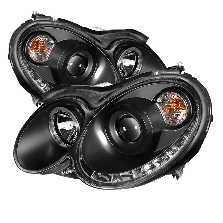 Mercedes Benz CLK 03-09 Projector Headlights - Halogen Model Only ( Not Compatible With Xenon/HID Model ) - LED Halo - DRL - Black - High H1 (Included) - Low H7 (Included)