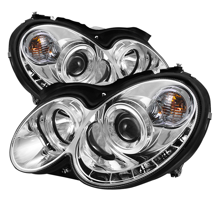 Mercedes Benz CLK 03-09 Projector Headlights - Halogen Model Only ( Not Compatible With Xenon/HID Model ) - LED Halo - DRL - Chrome - High H1 (Included) - Low H7 (Included)