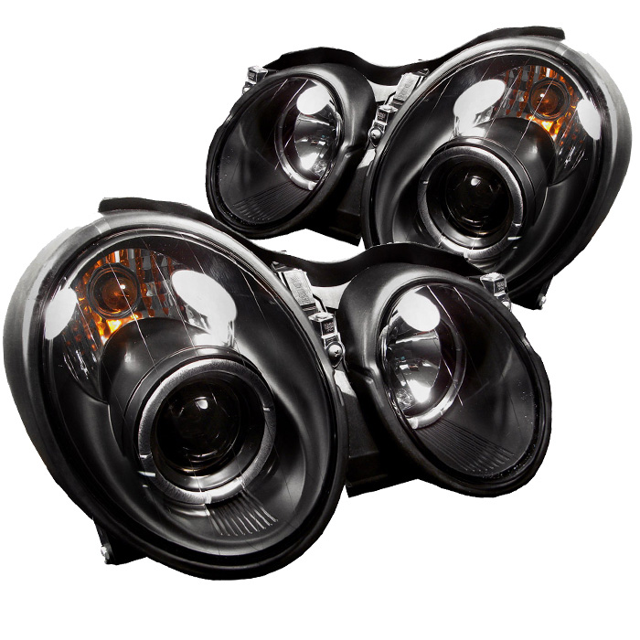 Mercedes Benz CLK 98-02 Projector Headlights - Halogen Model Only ( Not Compatible With Xenon/HID Model ) - LED Halo - Black - High H1 (Included) - Low H7 (Included)