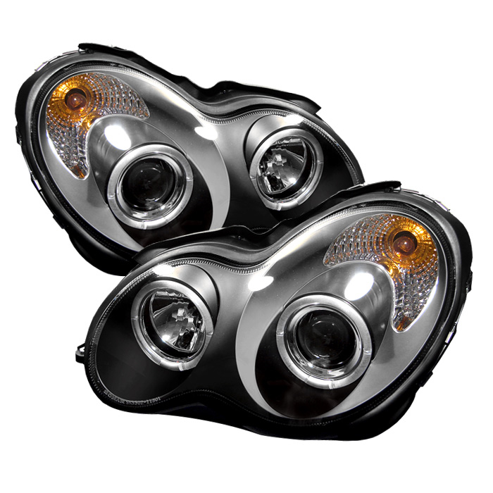 Mercedes Benz C-Class 01-05 Projector Headlights - Halogen Model Only ( Not Compatible With Xenon/HID Model ) - LED Halo - Black - High H1 (Included) - Low H7 (Included)