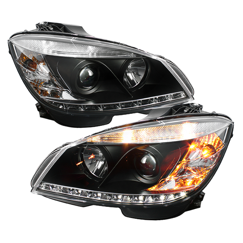 Mercedes Benz C-Class 08-11 Projector Headlights - Halogen Model Only ( Not Compatible With Xenon/HID Model ) - DRL - Black - High H1 (Included) - Low H7 (Included)