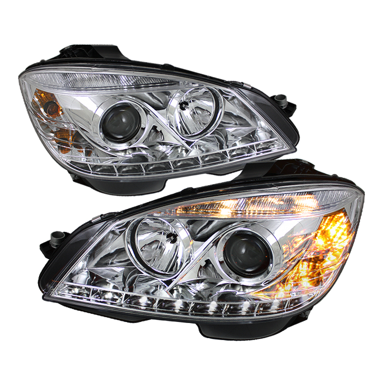 Mercedes Benz C-Class 08-11 Projector Headlights - Halogen Model Only ( Not Compatible With Xenon/HID Model ) - DRL - Chrome - High H1 (Included) - Low H7 (Included)