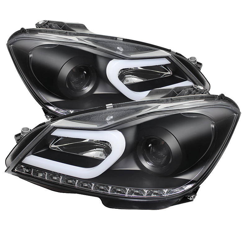 Mercedes Benz W204 C-Class 12-13 Projector Headlights - Halogen Model Only ( Not Compatible With Xenon/HID Model ) - DRL - Black - High H1 (Included) - Low H7 (Included)