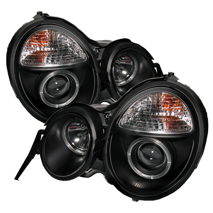 Mercedes Benz E-Class 95-99 Projector Headlights - LED Halo - Black - High H1 (Included) - Low H7 (Included)