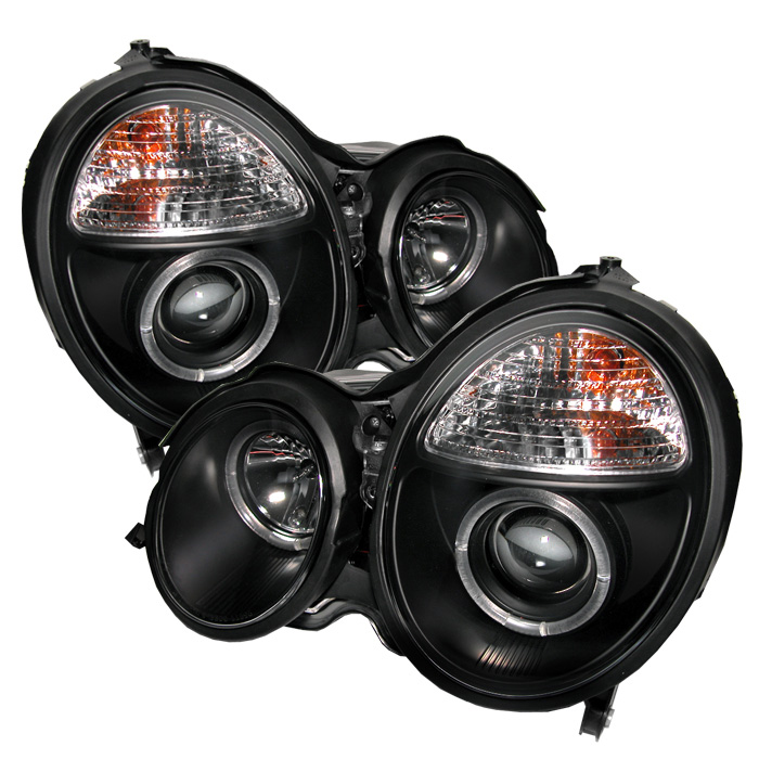 Mercedes Benz E-Class 00-02 Projector Headlights - LED Halo - Black - High H1 (Included) - Low H7 (Included)