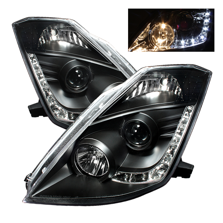 Nissan 350Z 03-05 Projector Headlights - Halogen Model Only ( Not Compatible With Xenon/HID Model ) - DRL - Black - High H1 (Included) - Low H7 (Included)