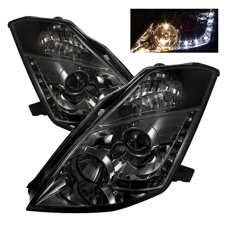 Nissan 350Z 03-05 Projector Headlights - Halogen Model Only ( Not Compatible With Xenon/HID Model ) - DRL - Smoke - High H1 (Included) - Low H7 (Included)