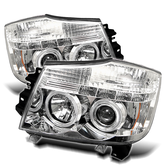 Nissan Titan 04-14 / Nissan Armada 04-07 Projector Headlights - LED Halo - LED ( Replaceable LEDs ) - Chrome - High H1 (Included) - Low H1 (Included)