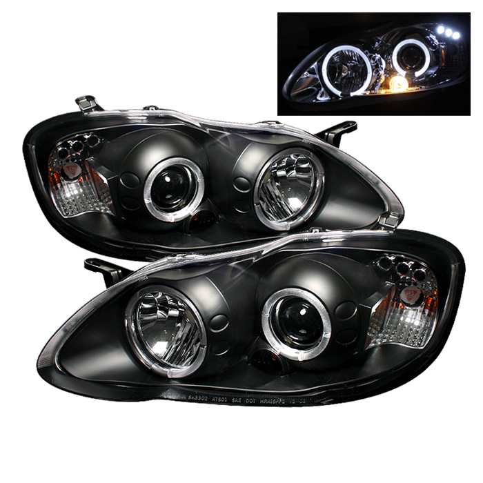 Toyota Corolla 03-08 Projector Headlights - LED Halo- LED ( Replaceable LEDs ) - Black - High 9005 (Not Included) - Low H1 (Included)