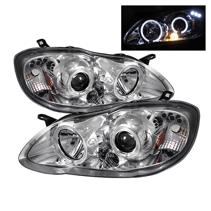 Toyota Corolla 03-08 Projector Headlights - LED Halo- LED ( Replaceable LEDs ) - Chrome - High 9005 (Not Included) - Low H1 (Included)