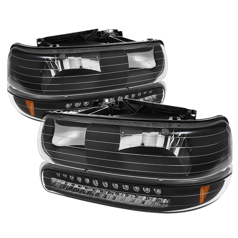 Chevy Silverado 1500/2500 99-02 / Chevy Silverado 3500 01-02 / Chevy Suburban 1500/2500 00-06 / Chevy Tahoe 00-06 Headlights With LED Bumper Lights - Amber - Black