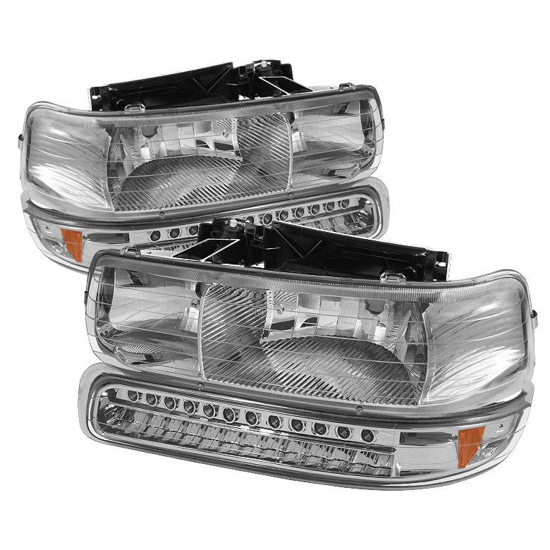 Chevy Silverado 1500/2500 99-02 / Chevy Silverado 3500 01-02 / Chevy Suburban 1500/2500 00-06 / Chevy Tahoe 00-06 Headlights With LED Bumper Lights - Amber - Chrome