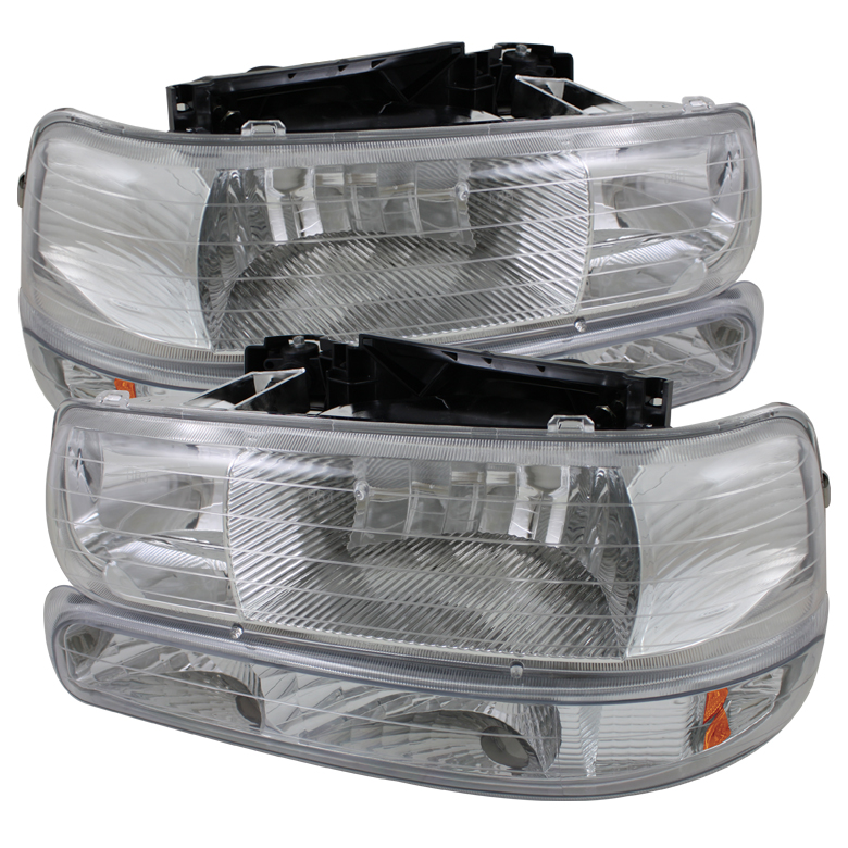 Chevy Silverado 1500/2500 99-02 / Chevy Silverado 3500 01-02 / Chevy Suburban 1500/2500 00-06 / Chevy Tahoe 00-06 Amber Crystal Headlights With Bumper Lights - Chrome